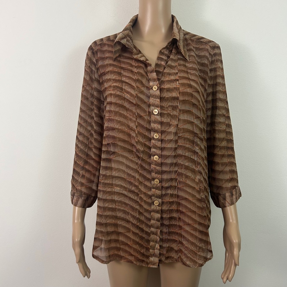 Clara Sunwoo Brown Wavy Geometric Button Up Tunic Blouse Small